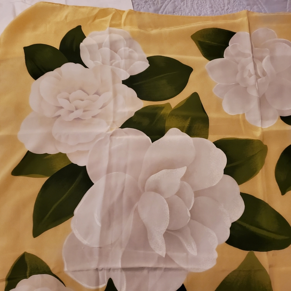 Vintage Chanel Scarf yellow background with white roses.